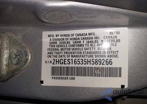 2005 Honda Civic Lx z USA, uszkodzony, nr VIN 2HGES16535H589266